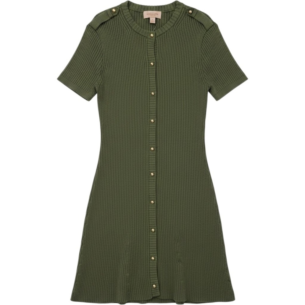 French Connectionā Olive Ribbed Knit Sweater Dress Gold Studs L NWT